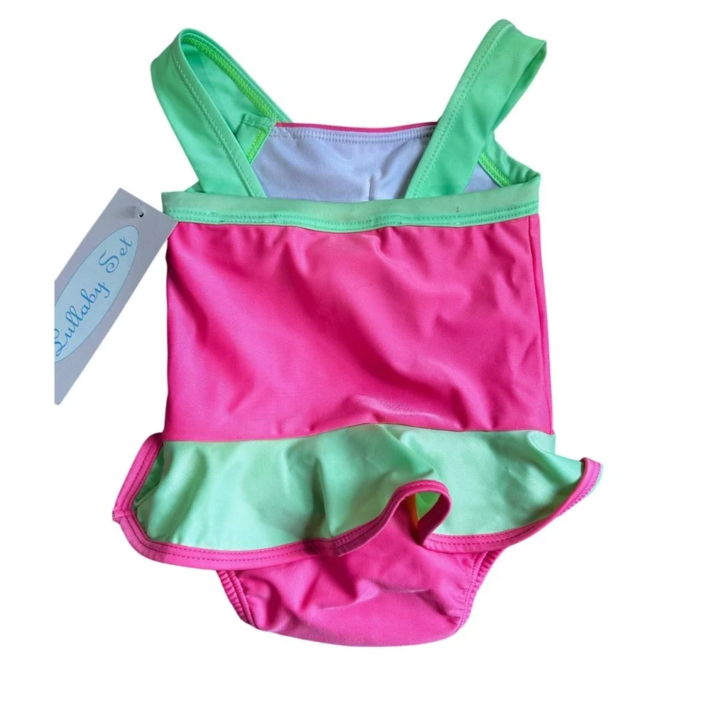 Lullaby Set Baby‎ Girls Pink Lime Green Skirted One Piece Swimsuit Snap Bot 12M